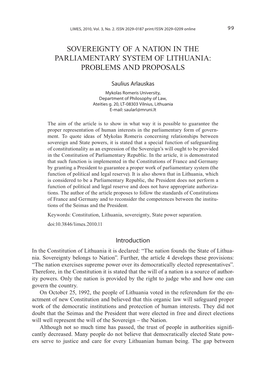 Sovereignty of a Nation in the Parliamentary System of Lithuania: Problems and Proposals