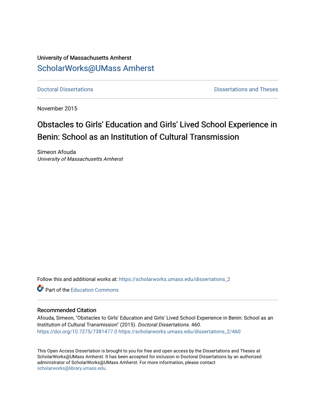 Obstacles to Girls' Education and Girls' Lived School Experience in Benin: School As an Institution of Cultural Transmission