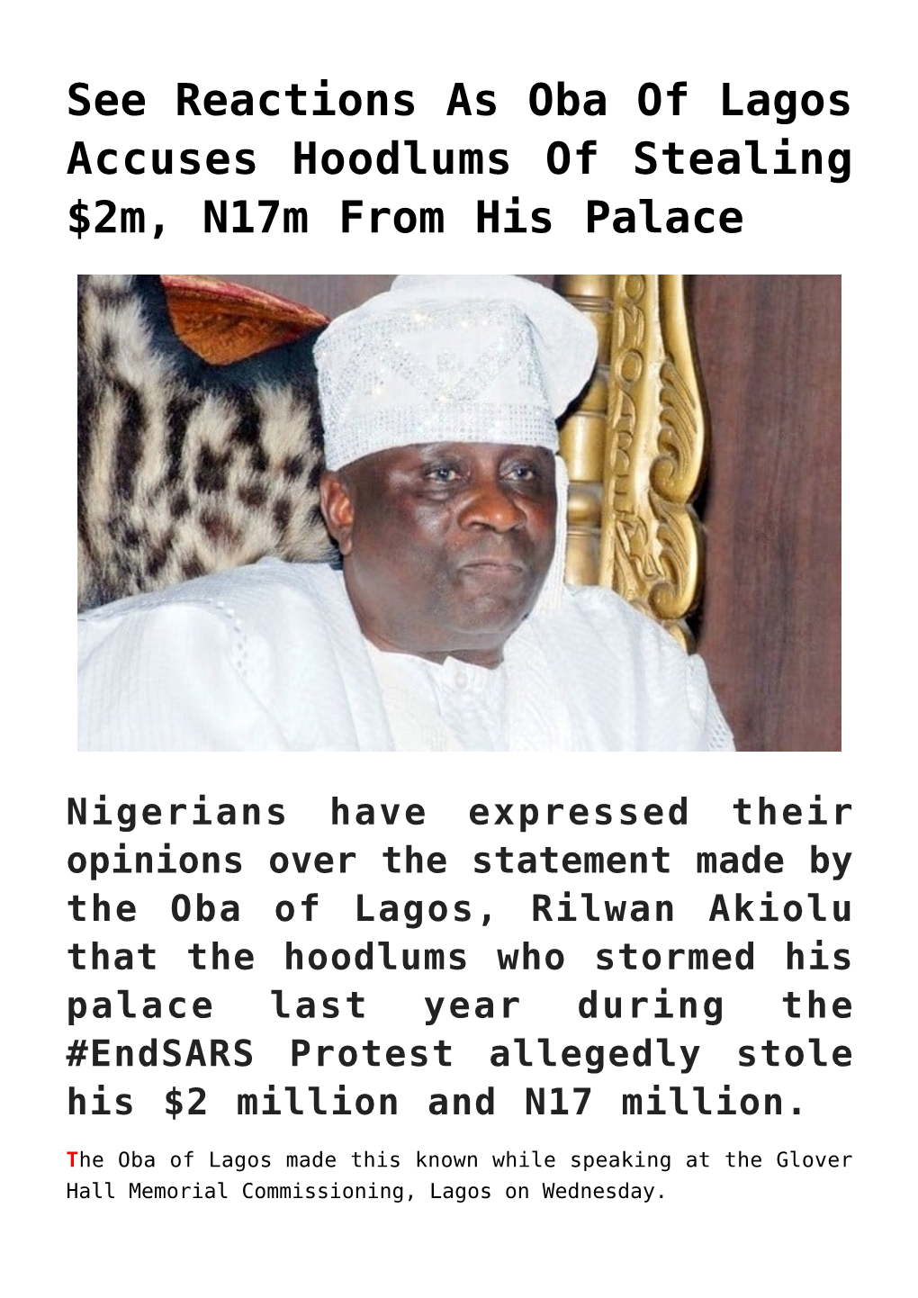 See Reactions As Oba of Lagos Accuses Hoodlums of Stealing $2M, N17m from His Palace
