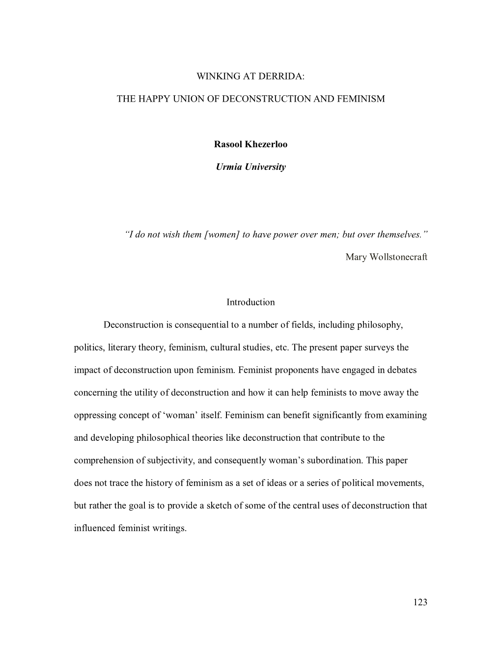 Winking at Derrida: the Happy Union of Deconstruction and Feminism