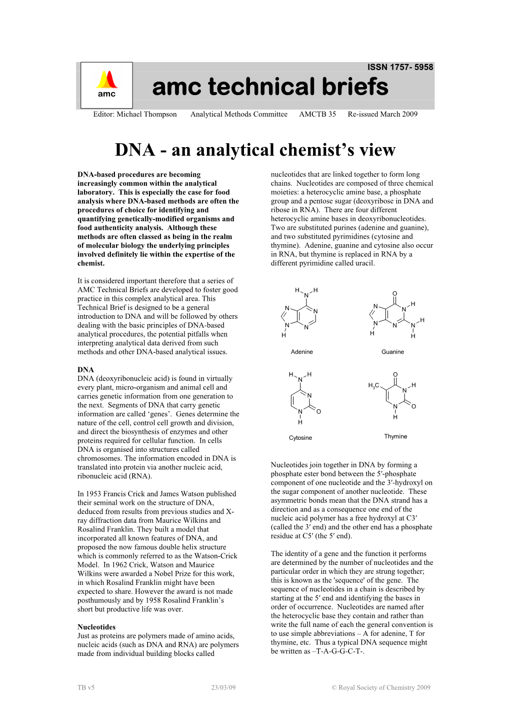 DNA - an Analytical Chemist’S View