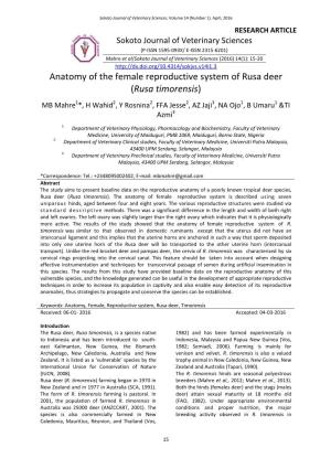 Anatomy of the Female Reproductive System of Rusa Deer (Rusa Timorensis) MB Mahre1*, H Wahid2, Y Rosnina2, FFA Jesse2, AZ Jaji3, NA Ojo1, B Umaru1 &TI Azmi3