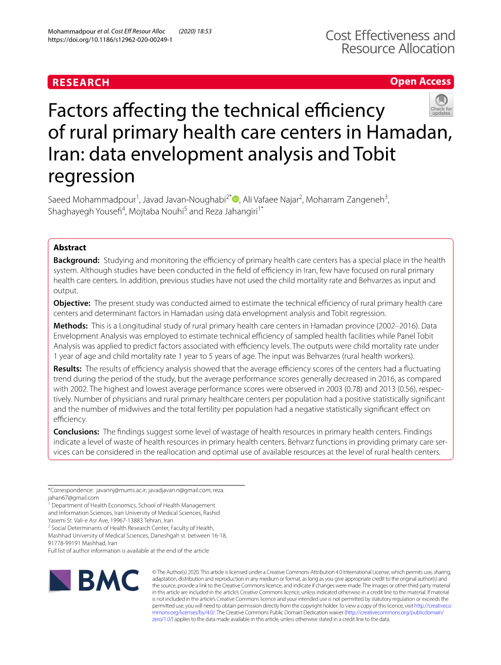 Factors Affecting the Technical Efficiency of Rural Primary Health Care Centers in Hamadan, Iran