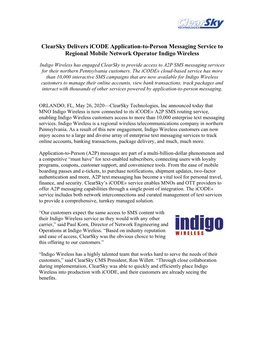 Clearsky Delivers Icode Application-To-Person Messaging Service to Regional Mobile Network Operator Indigo Wireless