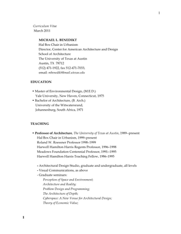 Curriculum Vitae March 2011 MICHAEL L. BENEDIKT Hal Box