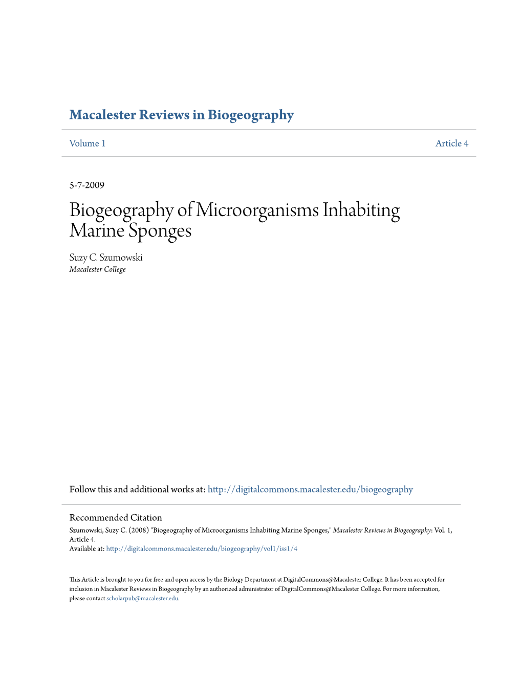 Biogeography of Microorganisms Inhabiting Marine Sponges Suzy C