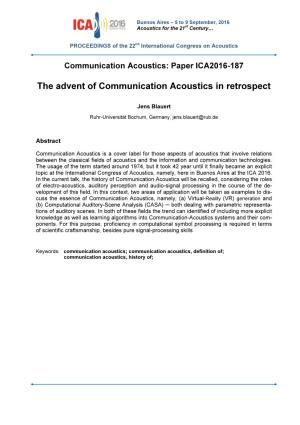 The Advent of Communication Acoustics in Retrospect