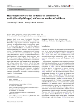 Host-Dependent Variation in Density of Corallivorous Snails (Coralliophila Spp.) at Curaçao, Southern Caribbean