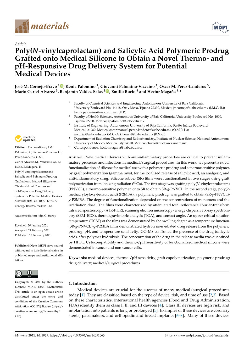 And Salicylic Acid Polymeric Prodrug Grafted Onto Medical Silicone to Obtain a Novel Thermo- and Ph-Responsive Drug Delivery System for Potential Medical Devices