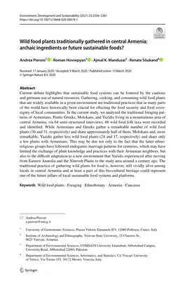 Wild Food Plants Traditionally Gathered in Central Armenia: Archaic Ingredients Or Future Sustainable Foods?