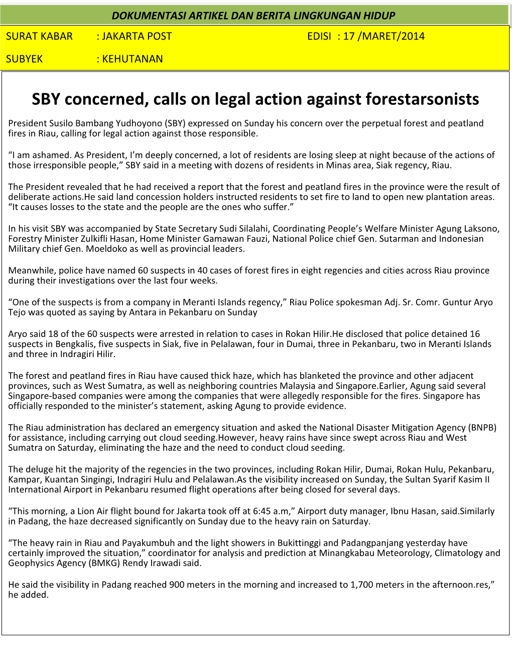 SBY Concerned, Calls on Legal Action Against Forestarsonists
