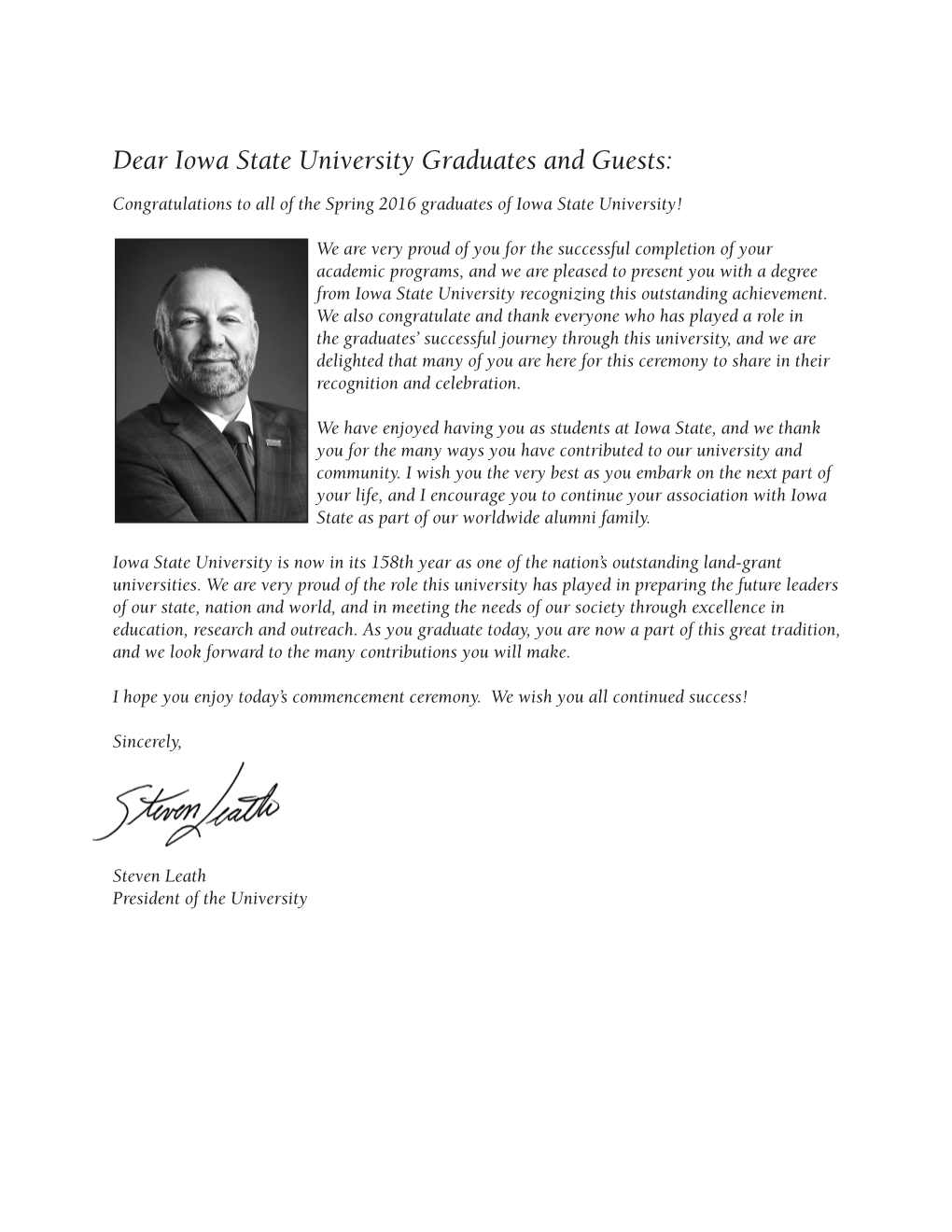 Dear Iowa State University Graduates and Guests