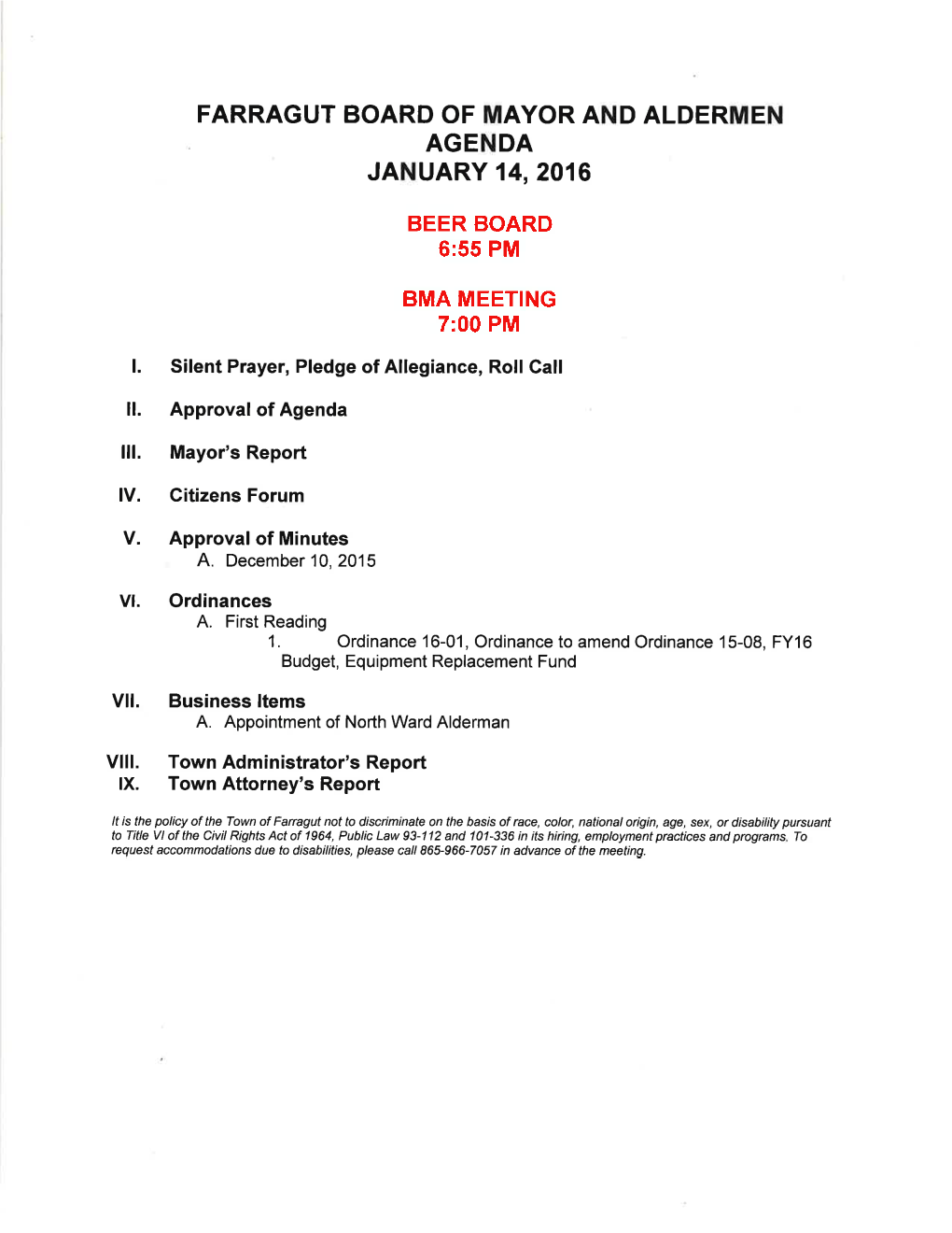 Farragut Board of Mayor and Aldermen Agenda January 14,2016