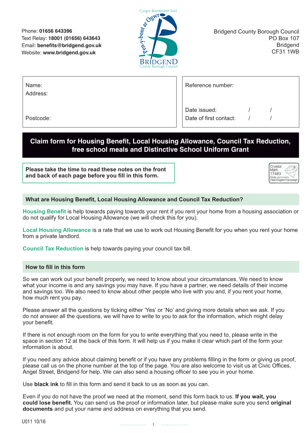 Claim Form for Housing Benefit, Local Housing Allowance, Council Tax