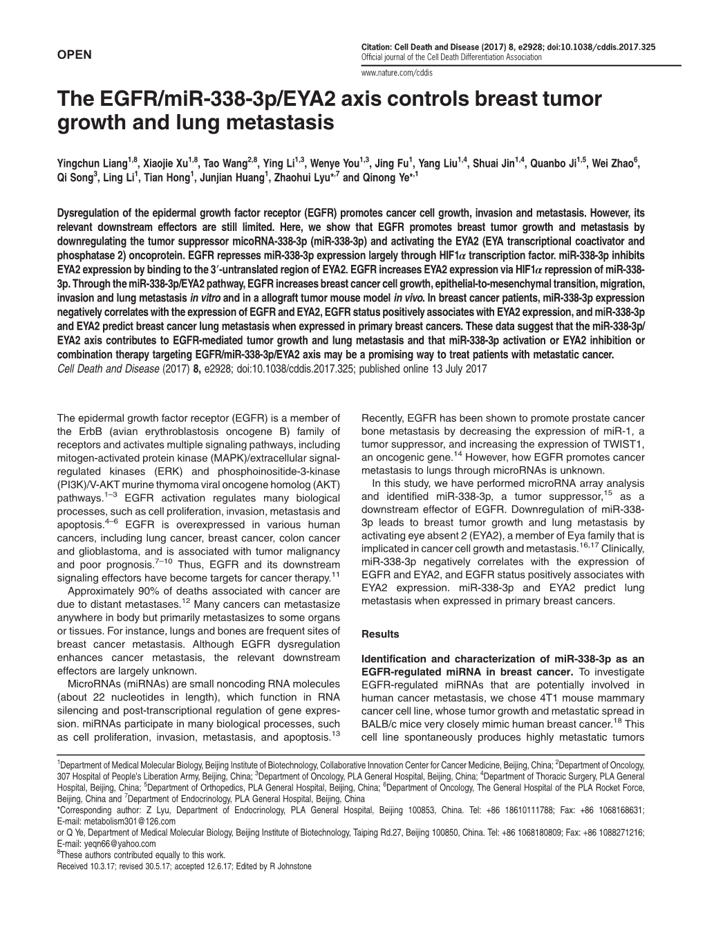 The EGFR/Mir-338-3P/EYA2 Axis Controls Breast Tumor Growth and Lung Metastasis