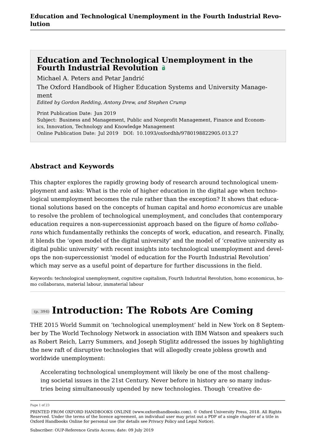 Education and Technological Unemployment in the Fourth Industrial Revo­ Lution