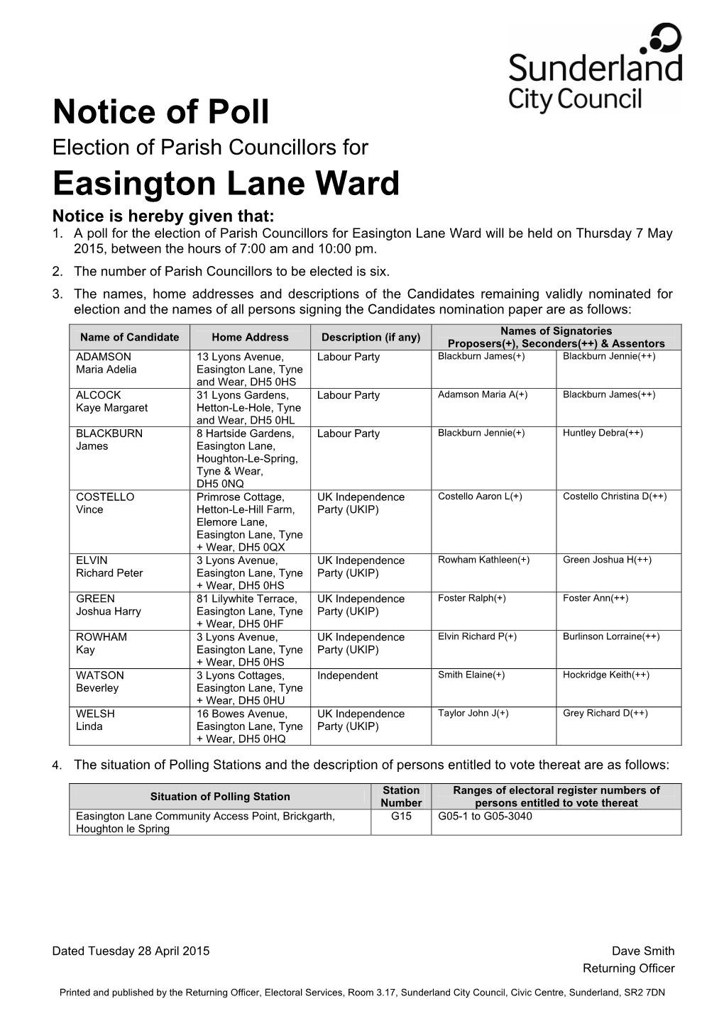 Notice of Poll Easington Lane Ward