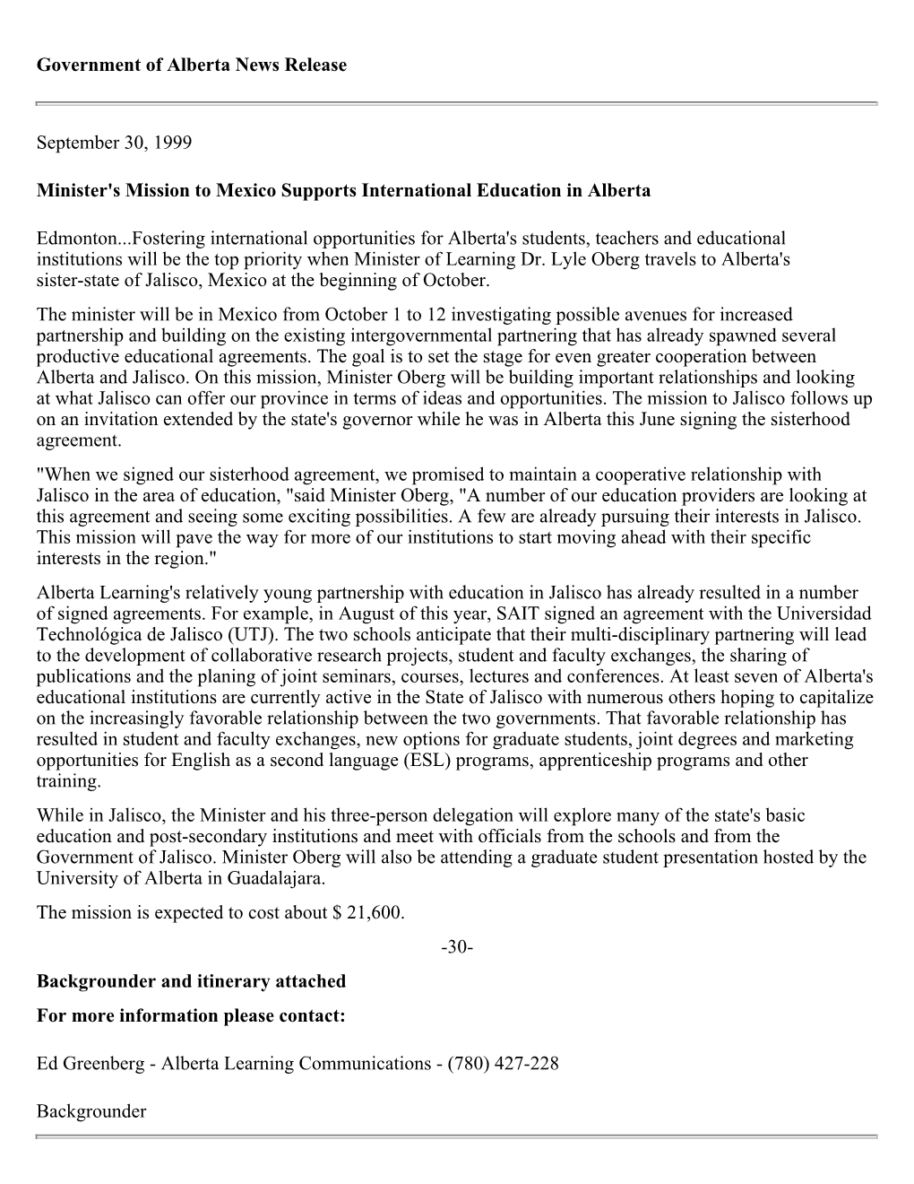 Government of Alberta News Release September 30, 1999 Minister's