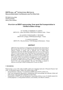 Overview on RRSF Reprocessing, from Spent Fuel Transportation to Vitrified Residues Storage