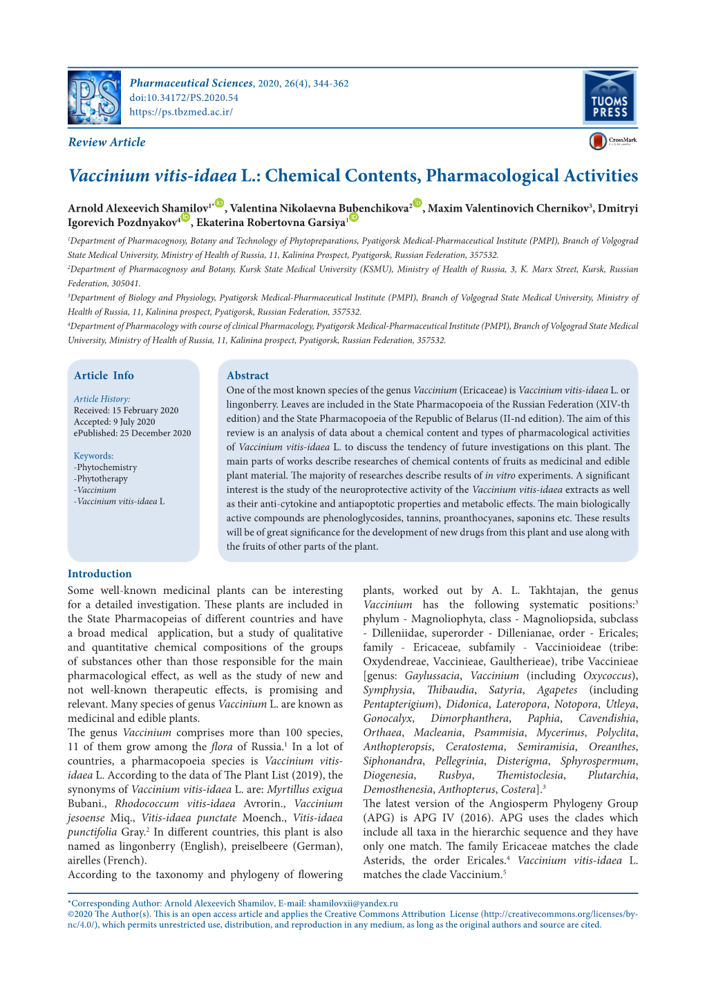 Vaccinium Vitis-Idaea L.: Chemical Contents, Pharmacological Activities