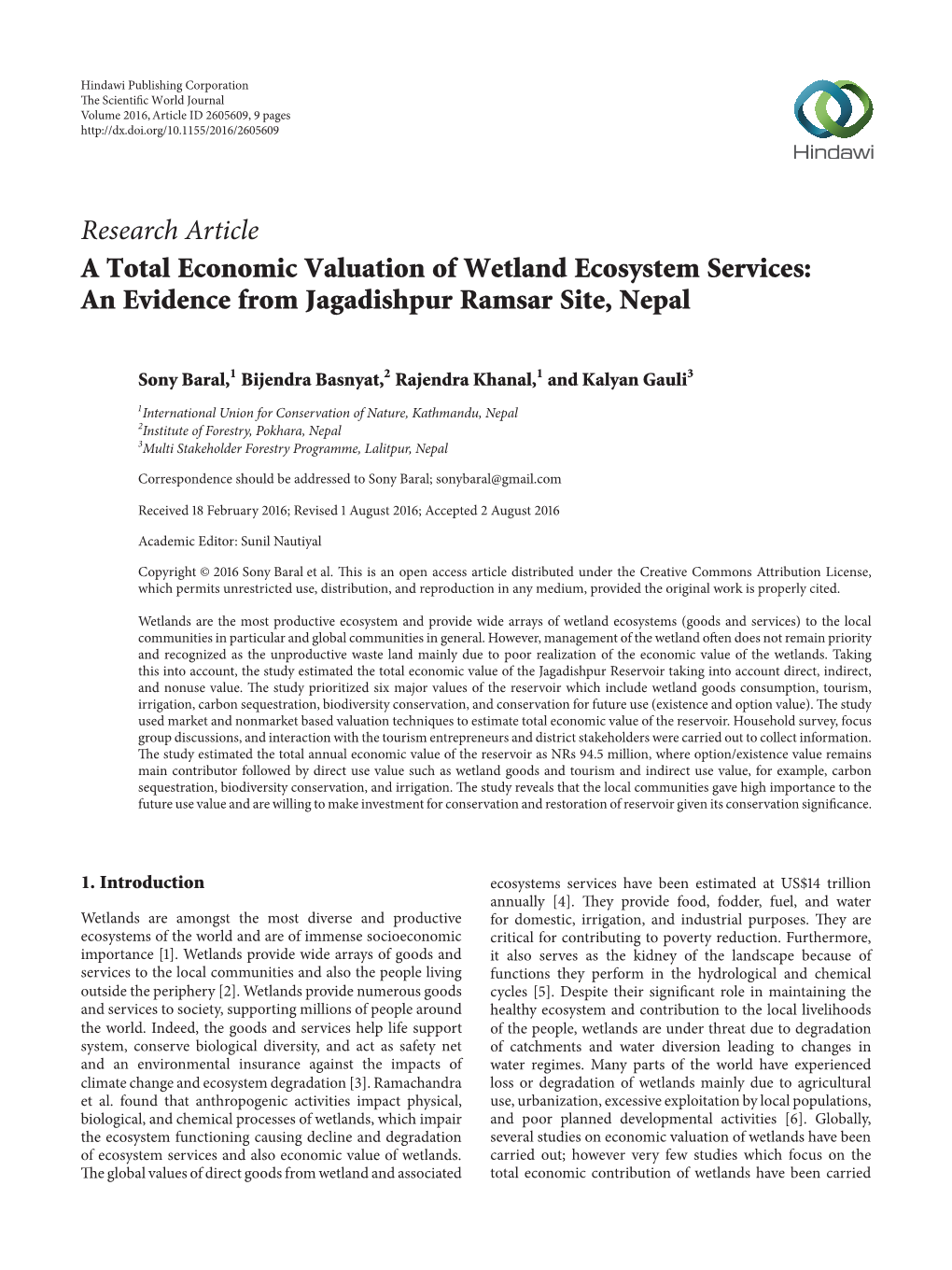 A Total Economic Valuation of Wetland Ecosystem Services: an Evidence from Jagadishpur Ramsar Site, Nepal