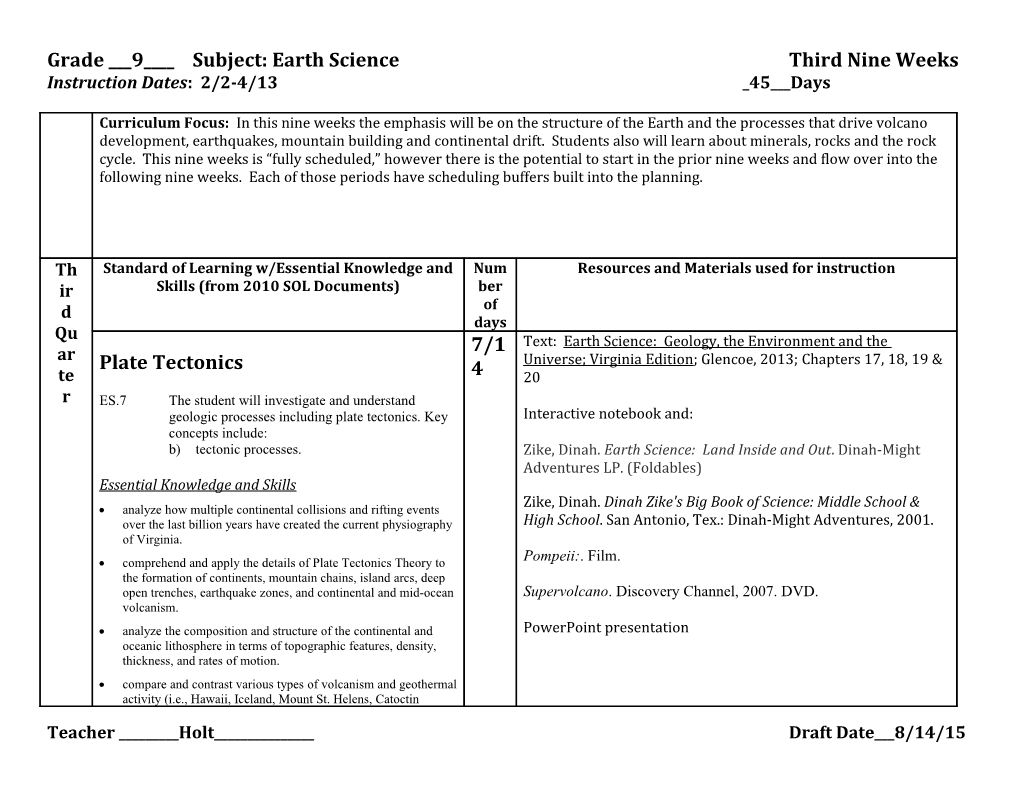 Grade ___9____ Subject: Earth Science Third Nine Weeks