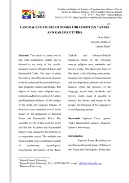 LANGUAGE FEATURES of BOOKS for CHRISTIAN TATARS and KARAMAN TURKS Okan Guler 1 Zoya N