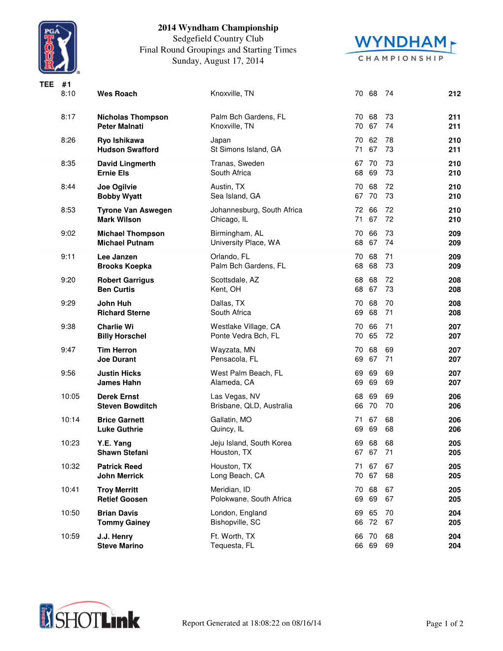 2014 Wyndham Championship Sedgefield Country Club Final Round Groupings and Starting Times Sunday, August 17, 2014