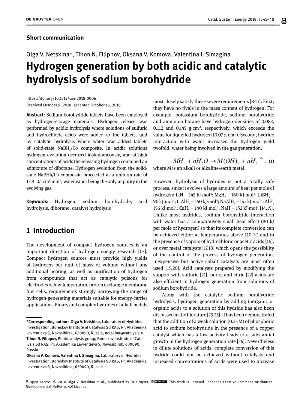 Hydrogen Generation by Both Acidic and Catalytic Hydrolysis of Sodium