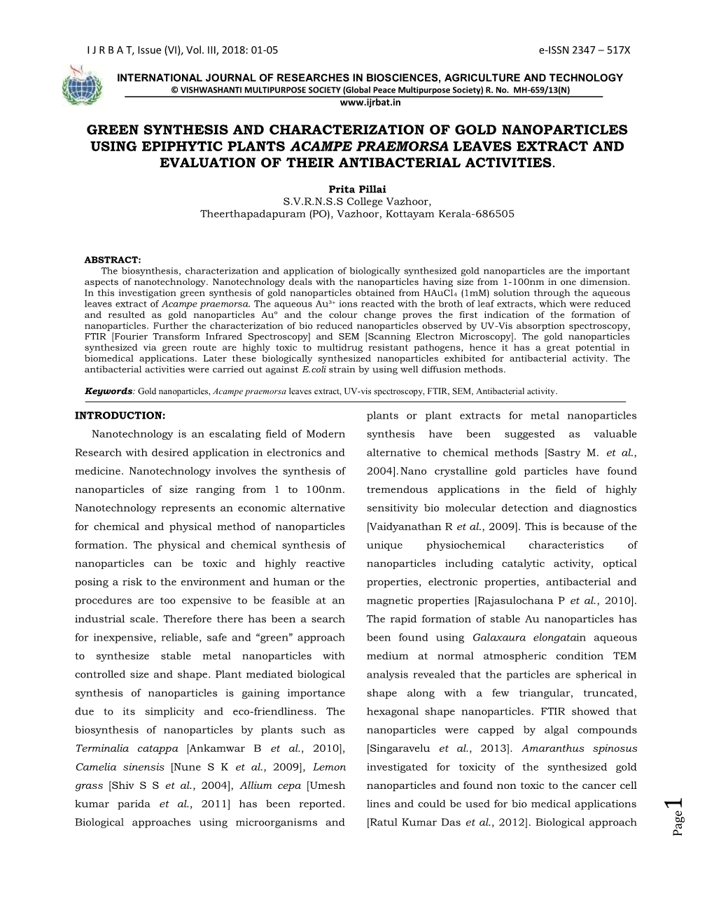 Green Synthesis and Characterization of Gold Nanoparticles Using Epiphytic Plants Acampe Praemorsa Leaves Extract and Evaluation of Their Antibacterial Activities