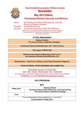 Newsletter May 2013 Edition Promoting National Security and Defence