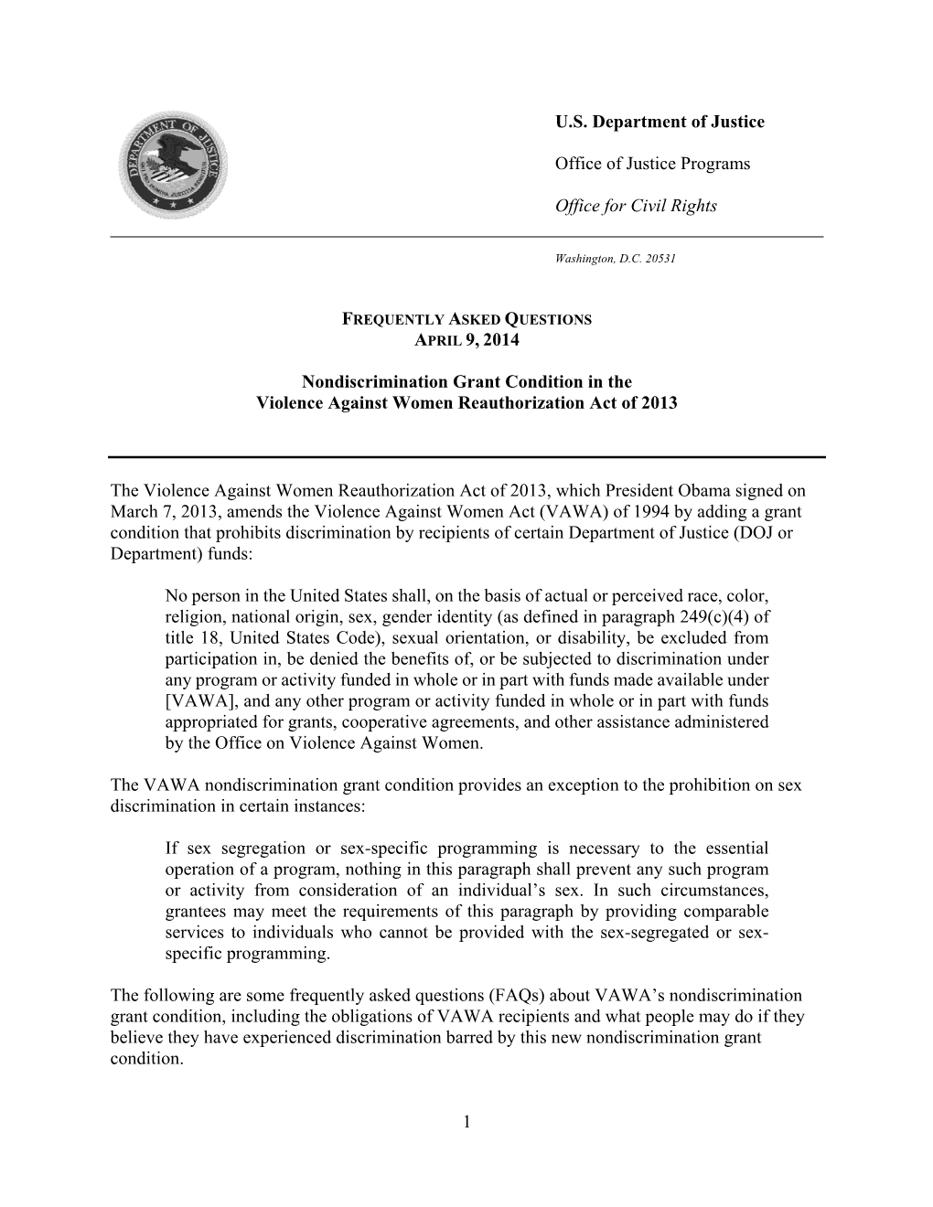 VAWA Nondiscrimination Grant Condition Provides an Exception to the Prohibition on Sex Discrimination in Certain Instances