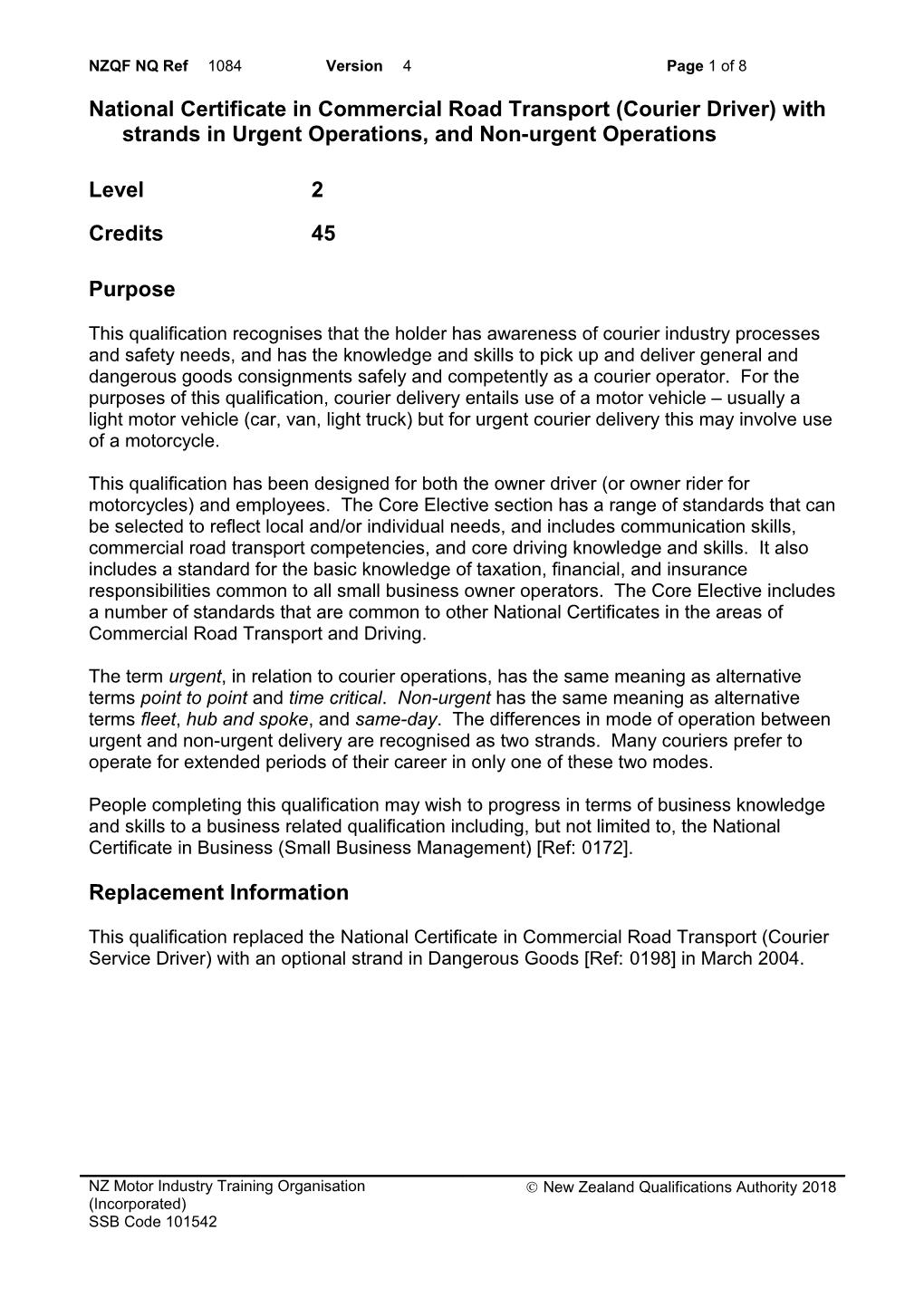 1084 National Certificate in Commercial Road Transport (Courier Driver) with Strands In