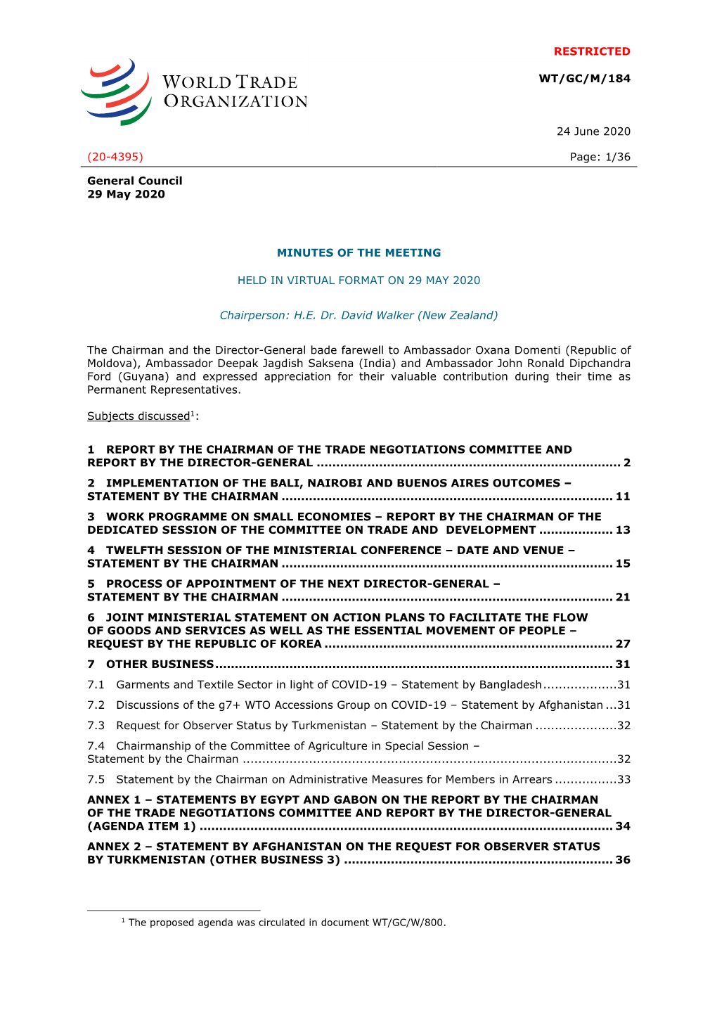 RESTRICTED WT/GC/M/184 24 June 2020 (20-4395) Page: 1/36 General