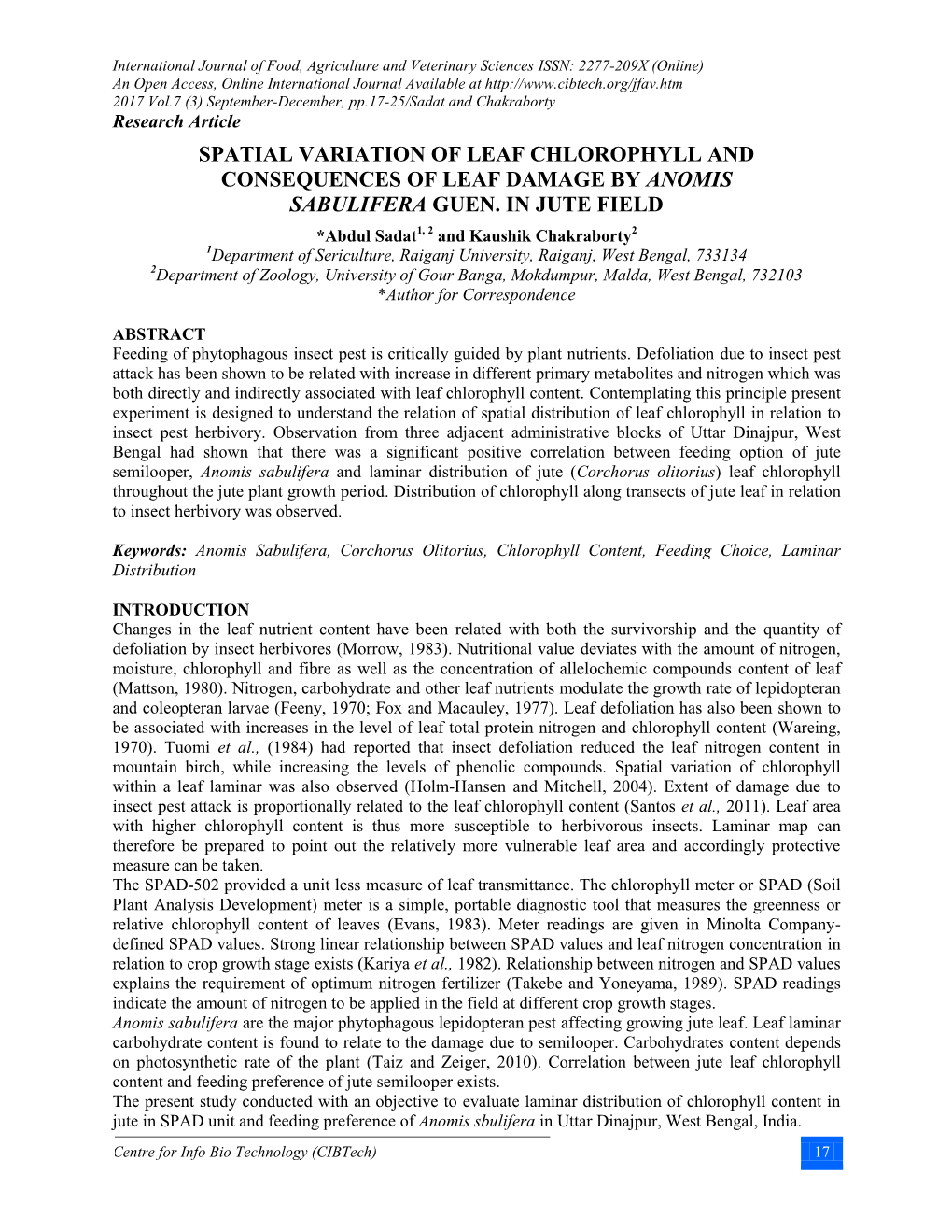 Spatial Variation of Leaf Chlorophyll and Consequences of Leaf Damage by Anomis Sabulifera Guen