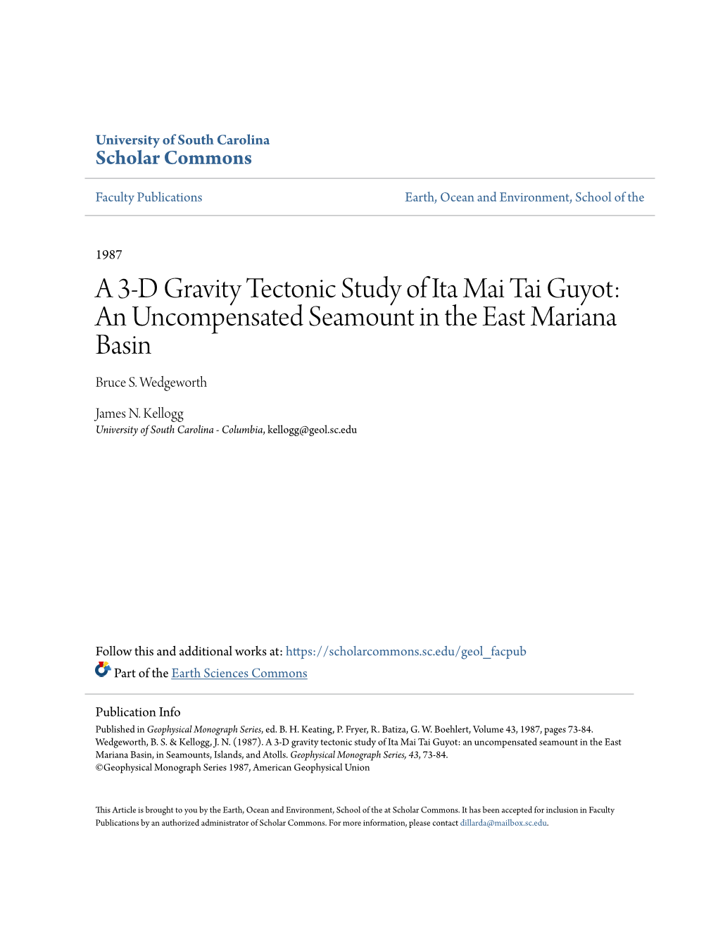 A 3-D Gravity Tectonic Study of Ita Mai Tai Guyot: an Uncompensated Seamount in the East Mariana Basin Bruce S