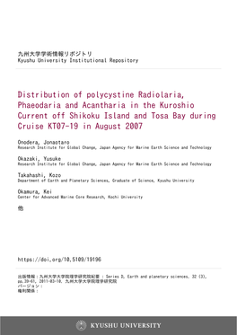 Distribution of Polycystine Radiolaria, Phaeodaria and Acantharia in the Kuroshio Current Off Shikoku Island and Tosa Bay During Cruise KT07-19 in August 2007
