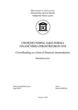 Martin Sispera: Crowdfunding Jako Forma Finančního Zprostředkování