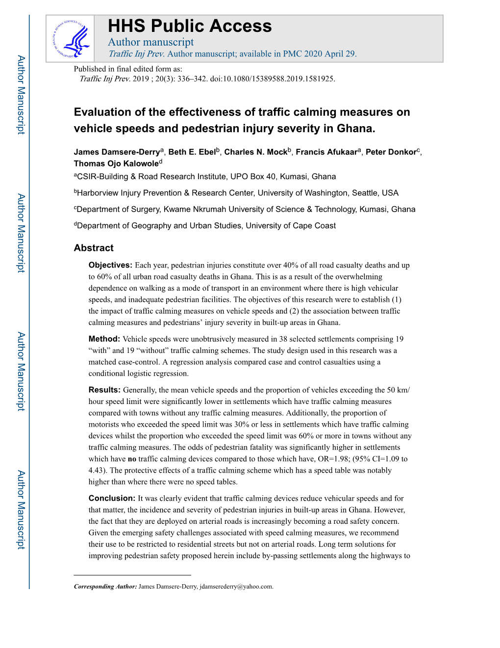 Evaluation of the Effectiveness of Traffic Calming Measures on Vehicle Speeds and Pedestrian Injury Severity in Ghana