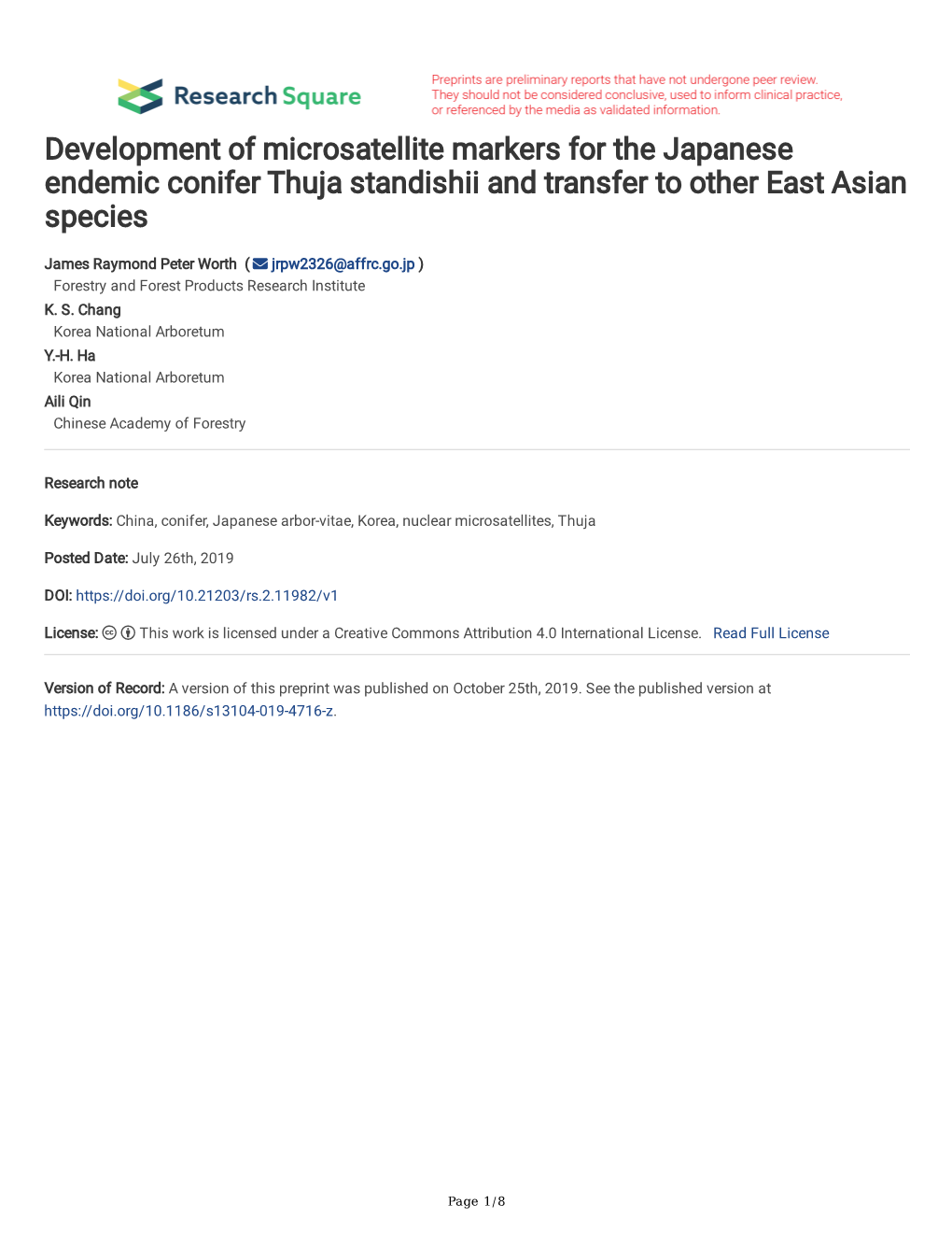 Development of Microsatellite Markers for the Japanese Endemic Conifer Thuja Standishii and Transfer to Other East Asian Species