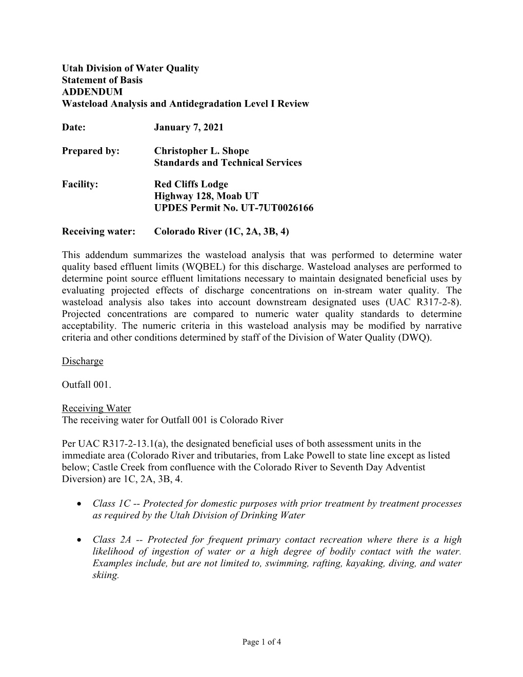 Utah Division of Water Quality Statement of Basis ADDENDUM Wasteload Analysis and Antidegradation Level I Review