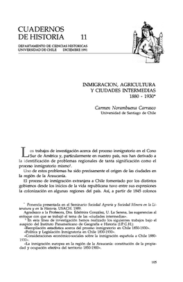 CUADERNOS DE HISTORIA 11 DEPARTAMENTO DE CIENCIASHISTORICAS Unlversidadde CHILE DICIEMBRE1991