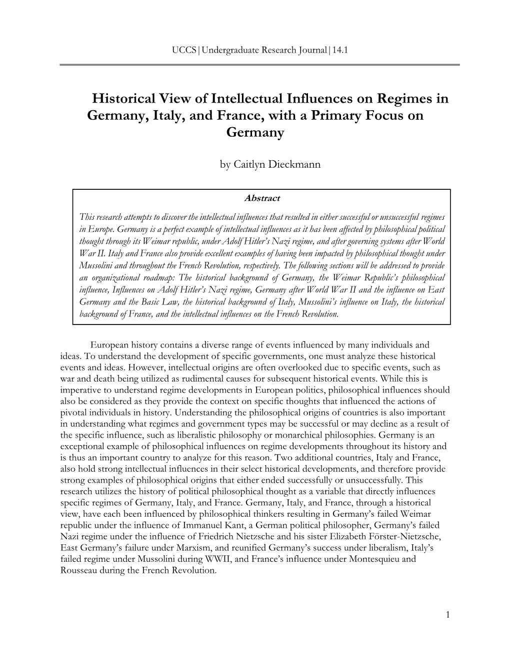 Historical View of Intellectual Influences on Regimes in Germany, Italy, and France, with a Primary Focus on Germany