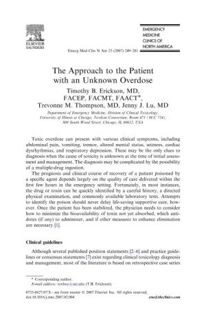 The Approach to the Patient with an Unknown Overdose Timothy B