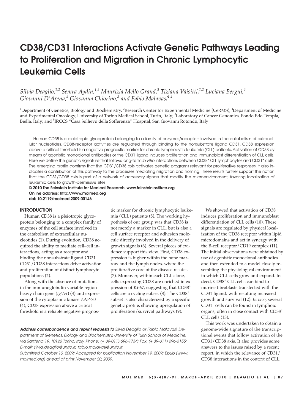 CD38/CD31 Interactions Activate Genetic Pathways Leading to Proliferation and Migration in Chronic Lymphocytic Leukemia Cells