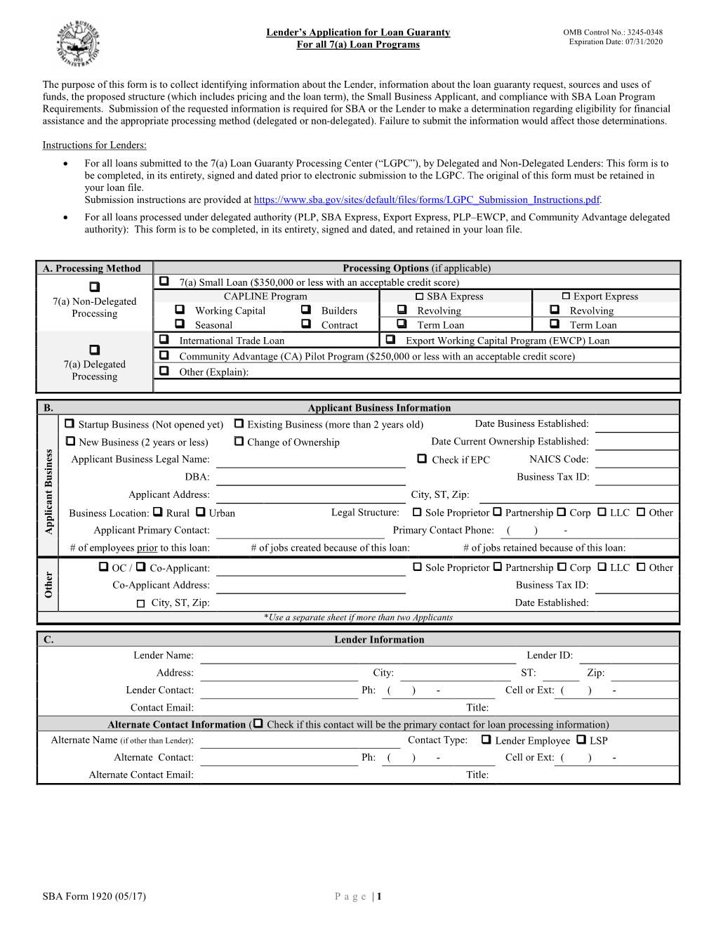 SBA Form 1920 Lender's Application for Loan Guaranty