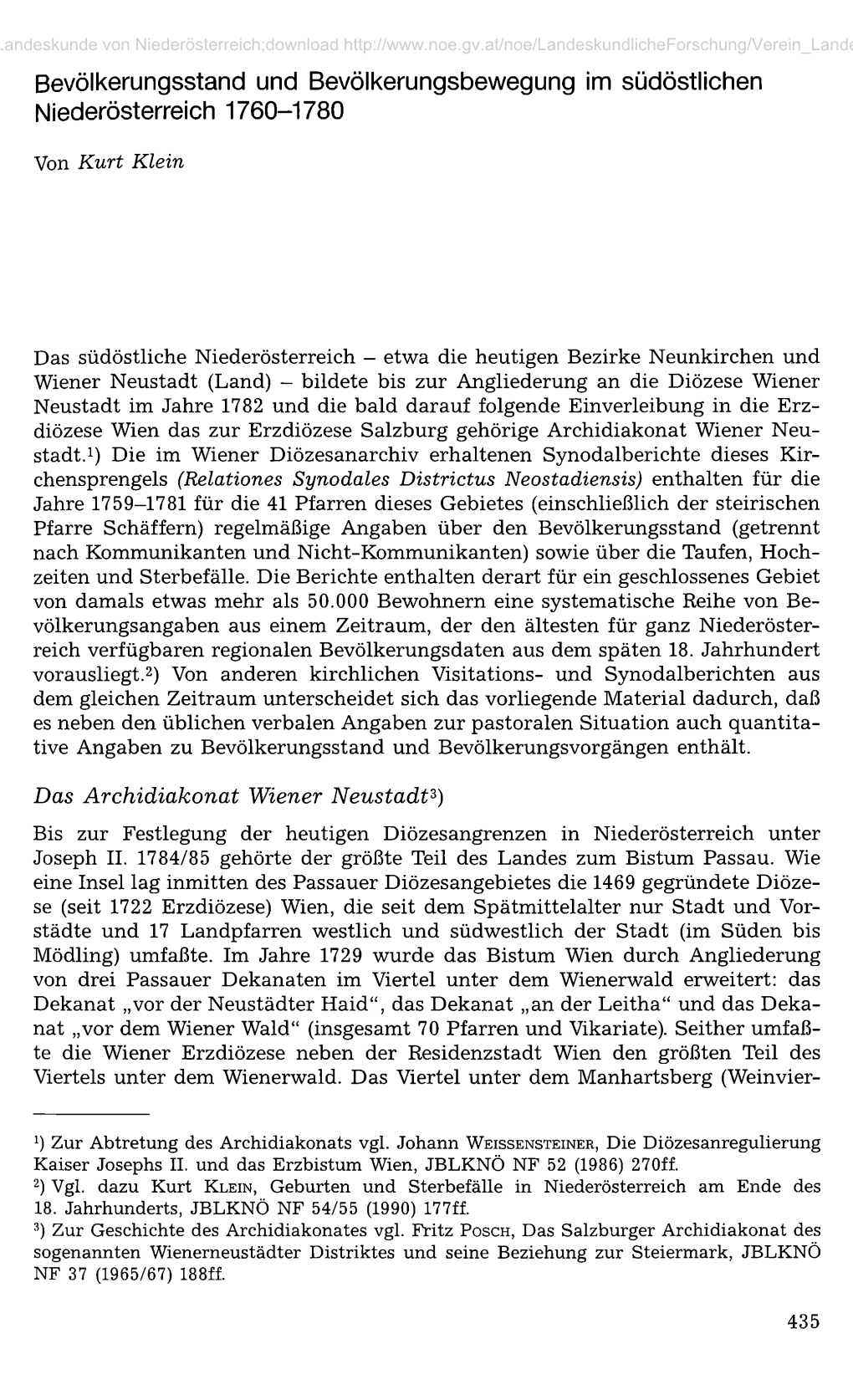 Bevölkerungsstand Und Bevölkerungsbewegung Im Südöstlichen Niederösterreich 1760-1780