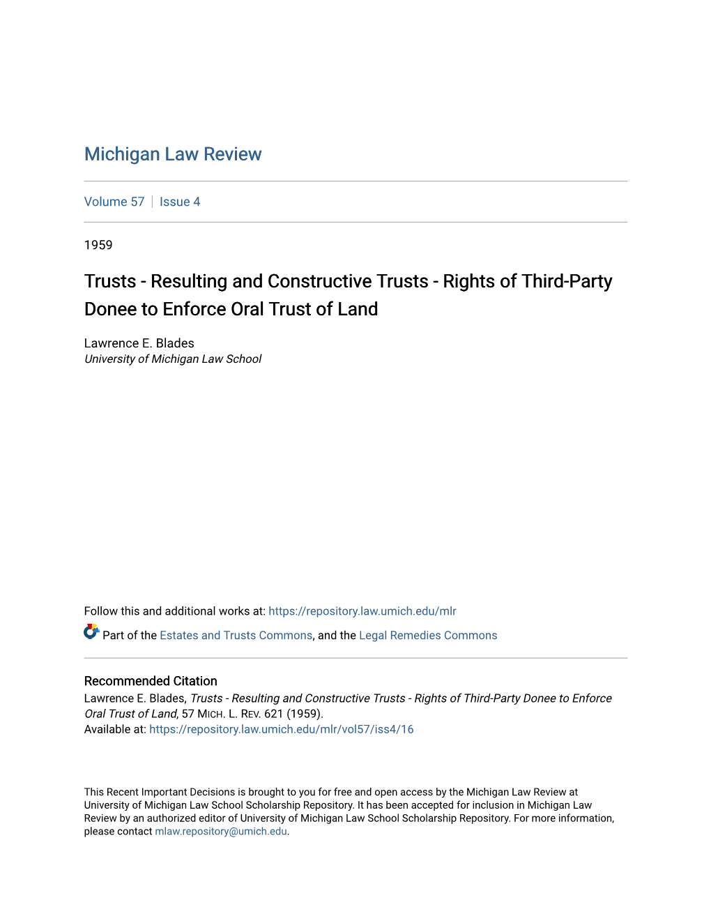 Trusts - Resulting and Constructive Trusts - Rights of Third-Party Donee to Enforce Oral Trust of Land