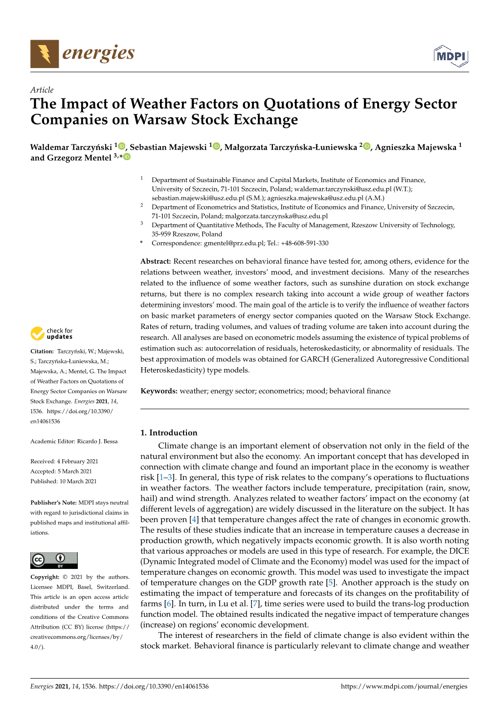 The Impact of Weather Factors on Quotations of Energy Sector Companies on Warsaw Stock Exchange