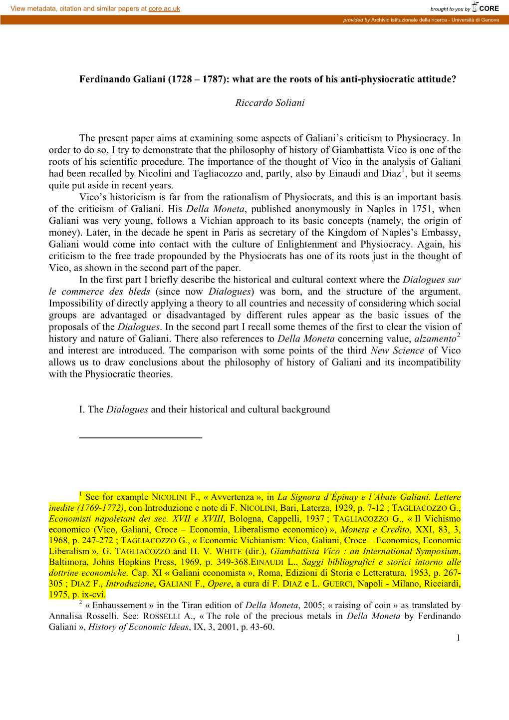 Ferdinando Galiani (1728 – 1787): What Are the Roots of His Anti-Physiocratic Attitude?